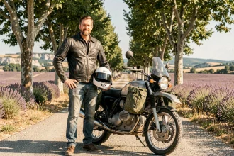 Motard en veste de cuir noir posant à côté de sa moto chargée pour un road trip sur une route de campagne en Provence, France