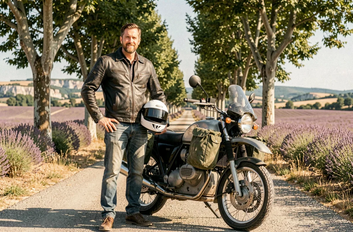 Motard en veste de cuir noir posant à côté de sa moto chargée pour un road trip sur une route de campagne en Provence, France
