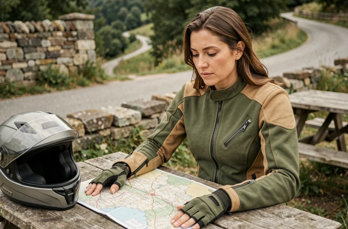 Motarde consultant une carte routière dépliée à une aire de repos en pierre sur une route de montagne française pendant un road trip moto