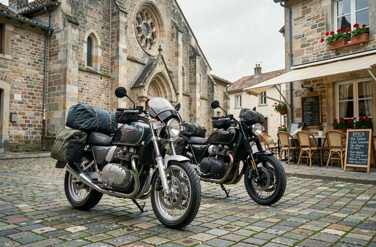 Deux motos d'aventure garées sur une place pavée d'un village médiéval français avec une terrasse de café en arrière-plan, road trip moto en France