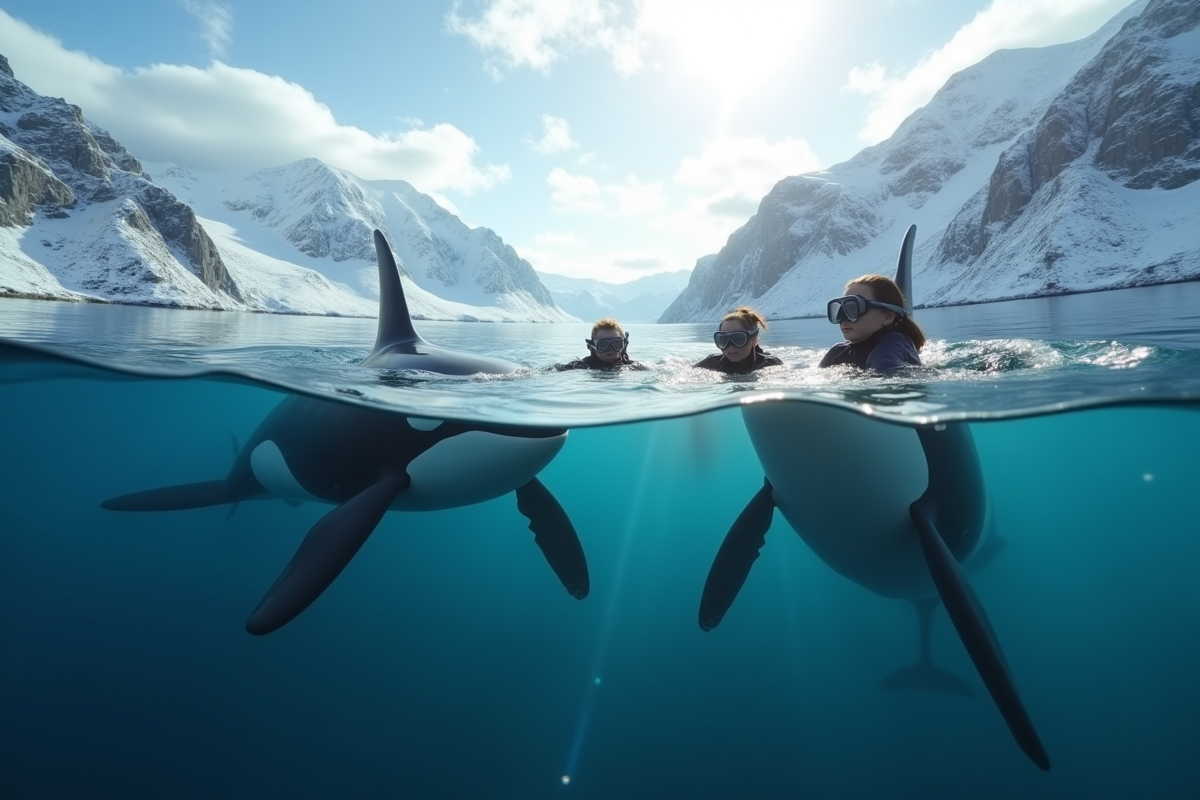 Groupe de snorkelers nageant avec des orques dans un fjord norvegien