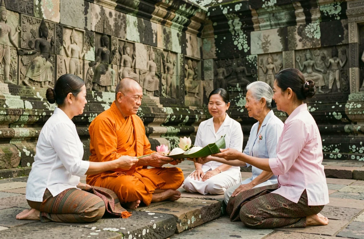 Moine bouddhiste recevant des offrandes de fleurs de lotus d'une famille cambodgienne lors des cérémonies du Nouvel An khmer à Angkor Wat