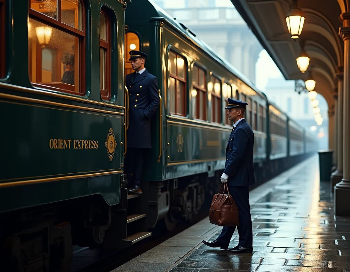 Train Orient Express en gare européenne avec un employé en uniforme accueillant les voyageurs sur le quai