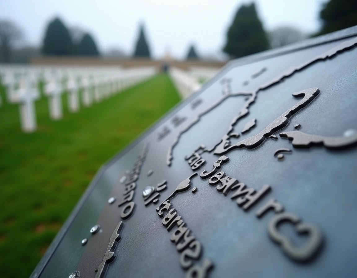 Panneau interpr&eacute;tatif en m&eacute;tal grav&eacute; repr&eacute;sentant la carte des plages du D&eacute;barquement au cimeti&egrave;re am&eacute;ricain de Normandie &agrave; Colleville-sur-Mer