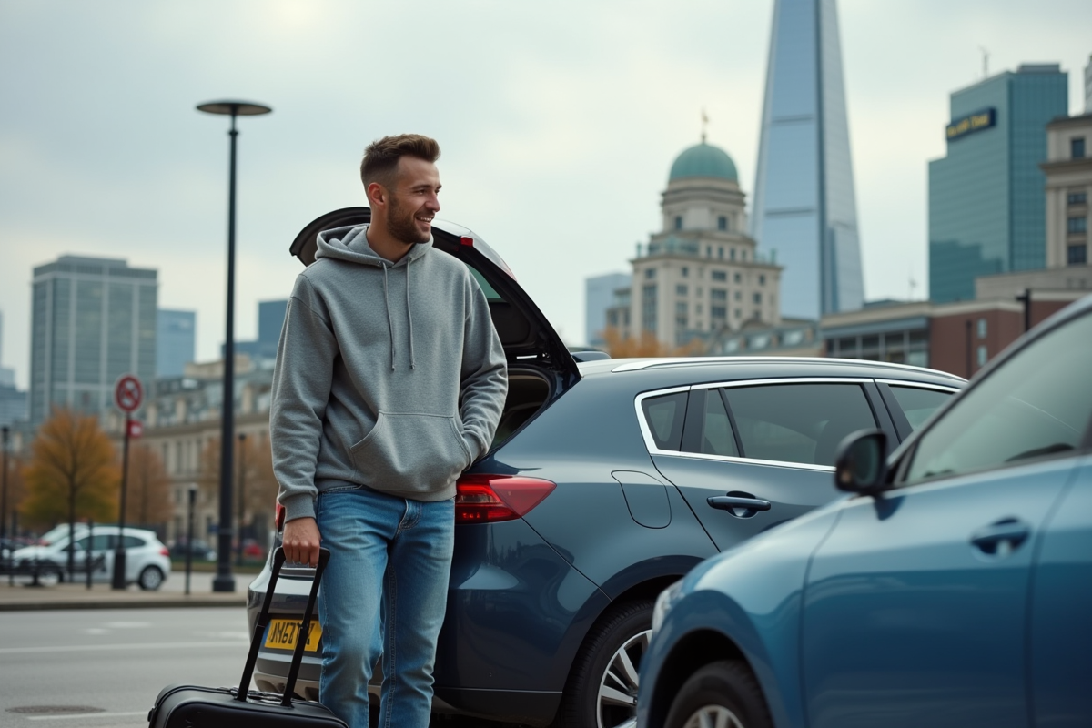 Jeune père chargeant sa voiture à Londres