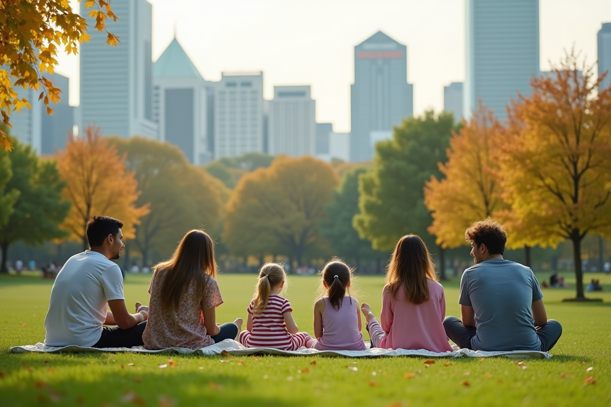 Groupe diversifié de jeunes et familles dans un parc urbain moderne