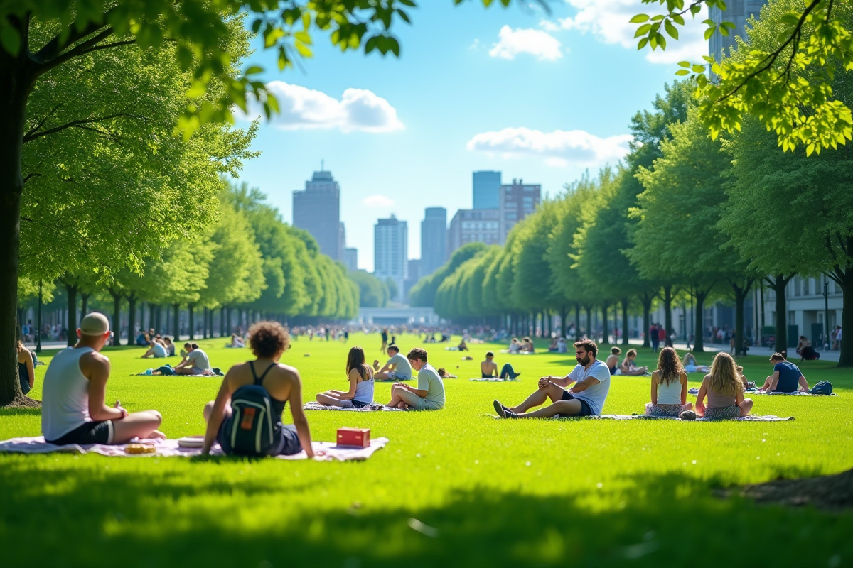 Parc urbain en été avec des gens au soleil