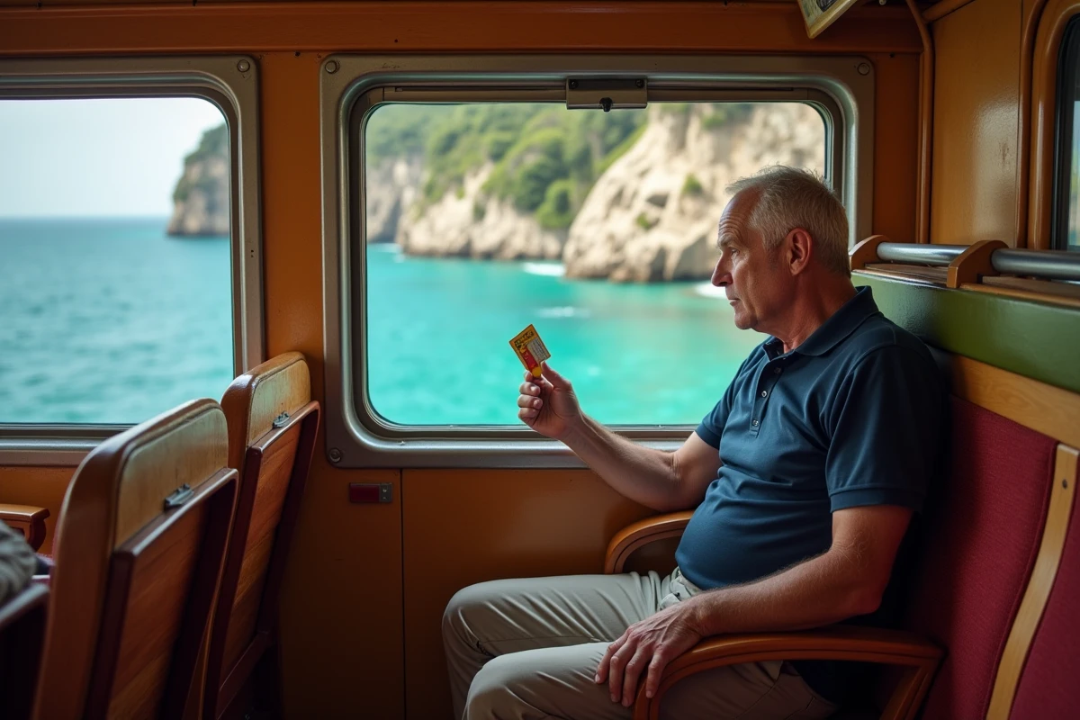 Voyageur tenant son pass Cinque Terre dans un wagon de train régional longeant la côte ligure