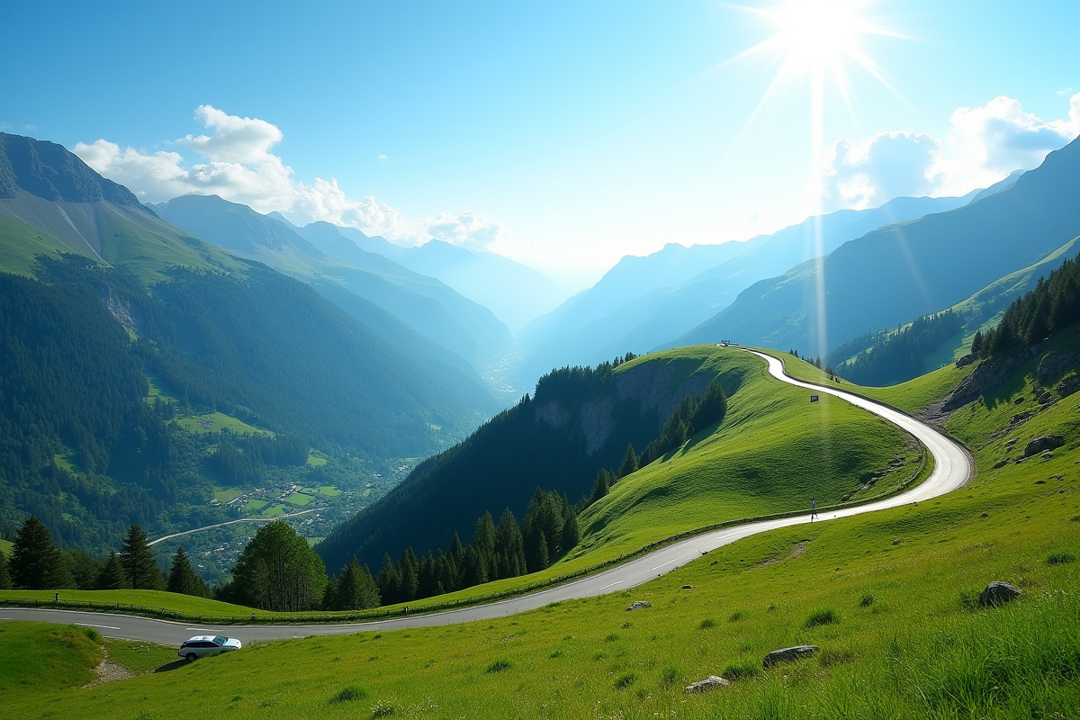 Paysage de montagne au col de Cisa avec route sinueuse et vue sur les sommets