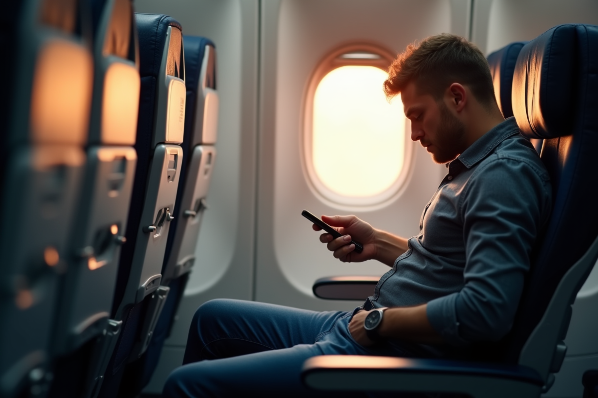 Homme assis dans un avion tenant son smartphone dans la poche