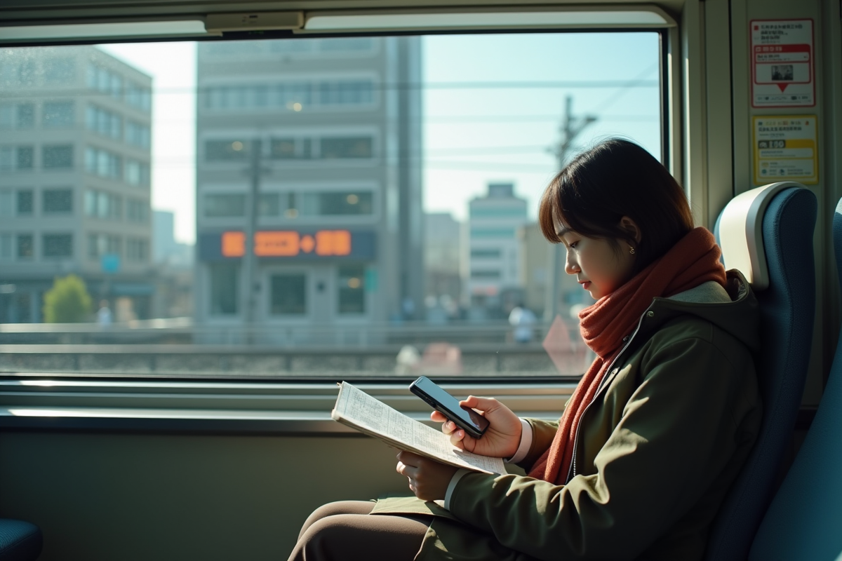 Voyageur regardant une carte dans un train à Tokyo