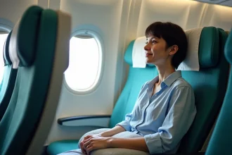 Passagère détendue assise dans un siège d'avion French bee regardant par le hublot lors d'un vol Paris-New York