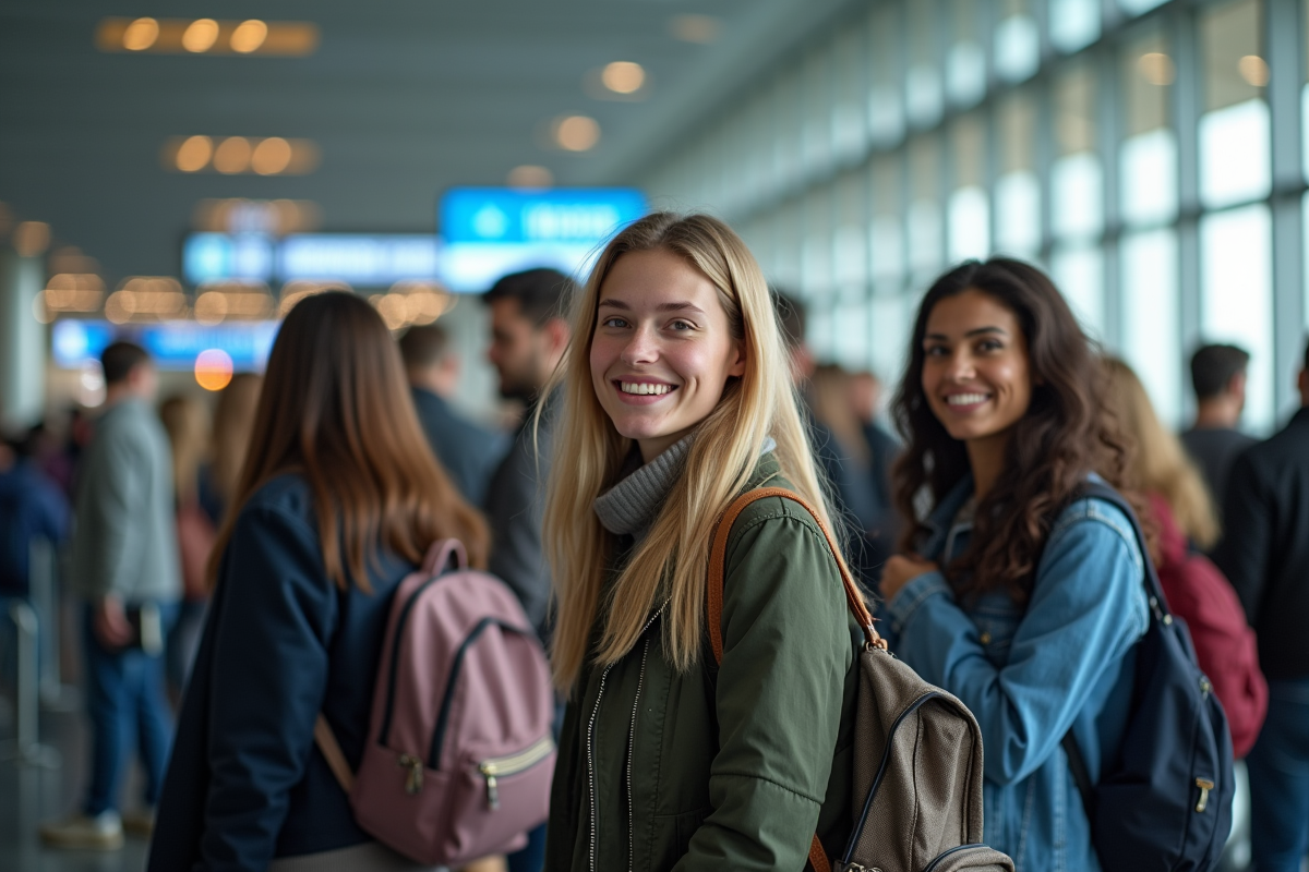 Groupe de voyageurs souriants à l'aéroport lors du contrôle passeport