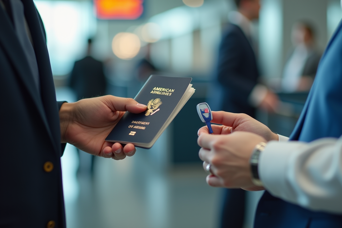 Main tenant un passeport ouvert et un pin d'embarquement American Airlines