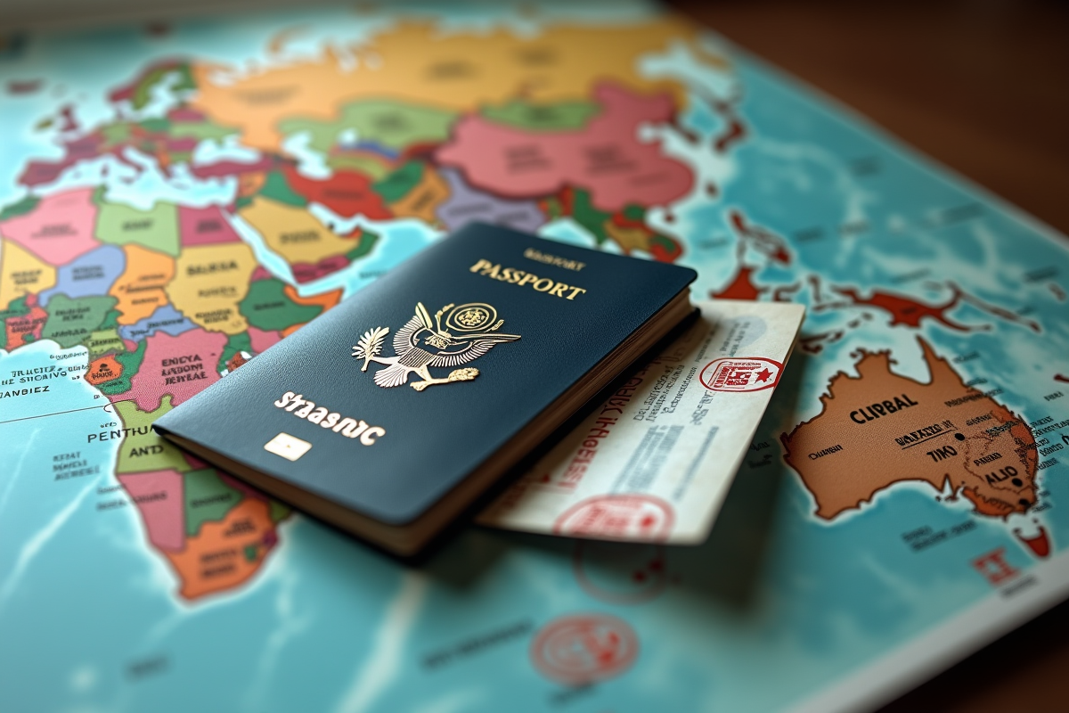 Passeport ouvert sur une carte avec tampons de voyage et billet d'embarquement