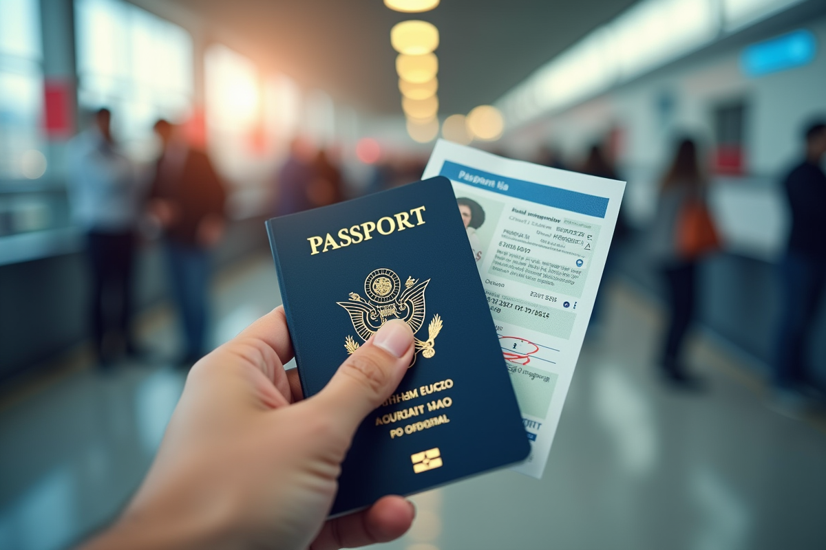 Main tenant un passeport moderne et visa à l'aéroport