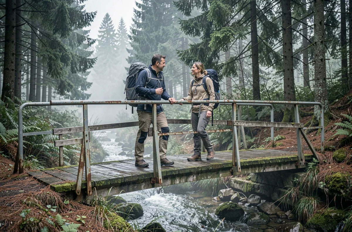 Deux randonneurs traversant une passerelle en bois sur le sentier du lac de Gérardmer dans la brume matinale