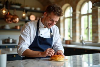 Jeune chef pâtissier décorant un croquembouche dans une cuisine lumineuse