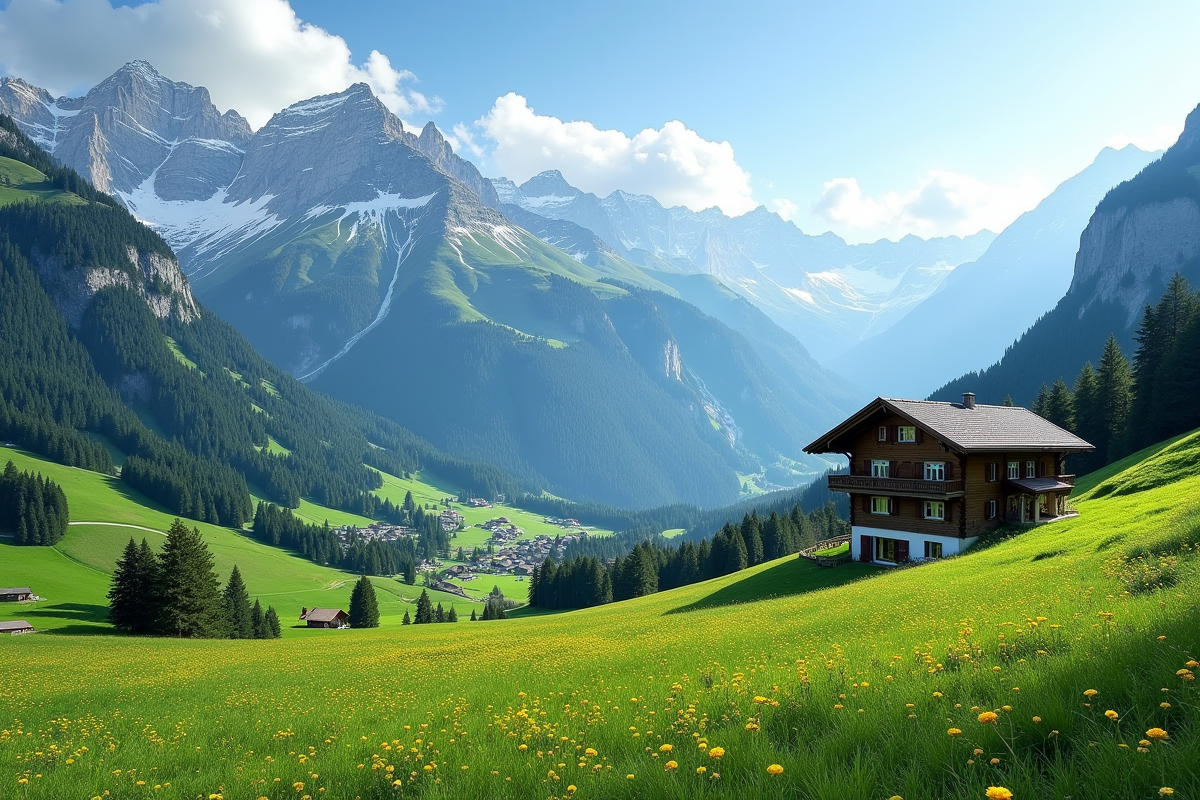 Paysage de montagne suisse avec vallée verte et chalet