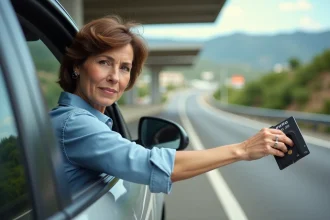 Conductrice payant un péage autoroutier en Espagne avec une carte bancaire depuis sa voiture