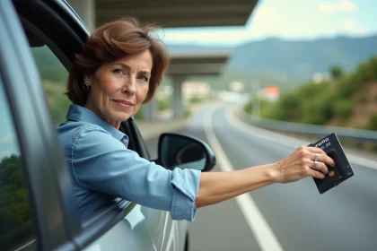 Conductrice payant un péage autoroutier en Espagne avec une carte bancaire depuis sa voiture