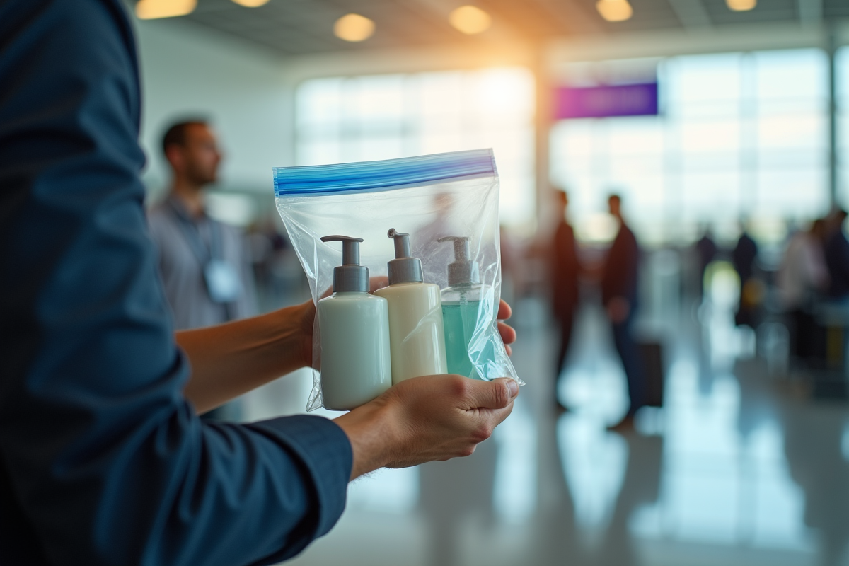 Personne tenant un sac transparent avec liquides de voyage a l aéroport