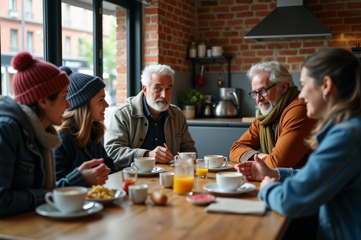 Groupe de voyageurs partageant un petit déjeuner dans une cuisine chaleureuse