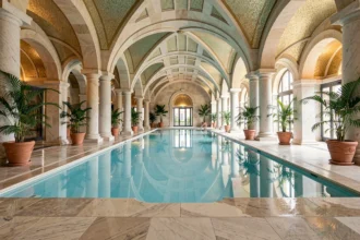Piscine intérieure chauffée d'un hôtel spa de luxe à Paris avec plafond voûté en pierre et colonnes en marbre blanc