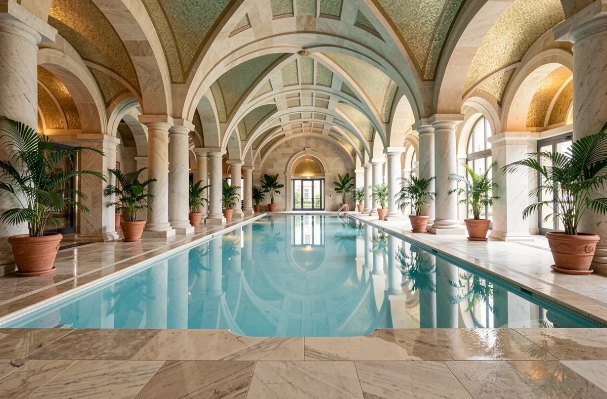Piscine intérieure chauffée d'un hôtel spa de luxe à Paris avec plafond voûté en pierre et colonnes en marbre blanc