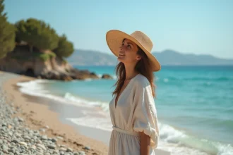 Femme en chapeau de paille observant la côte crétoise près d'Héraklion depuis une plage de galets