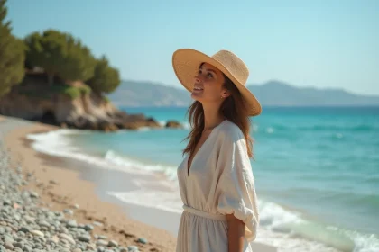 Femme en chapeau de paille observant la côte crétoise près d'Héraklion depuis une plage de galets