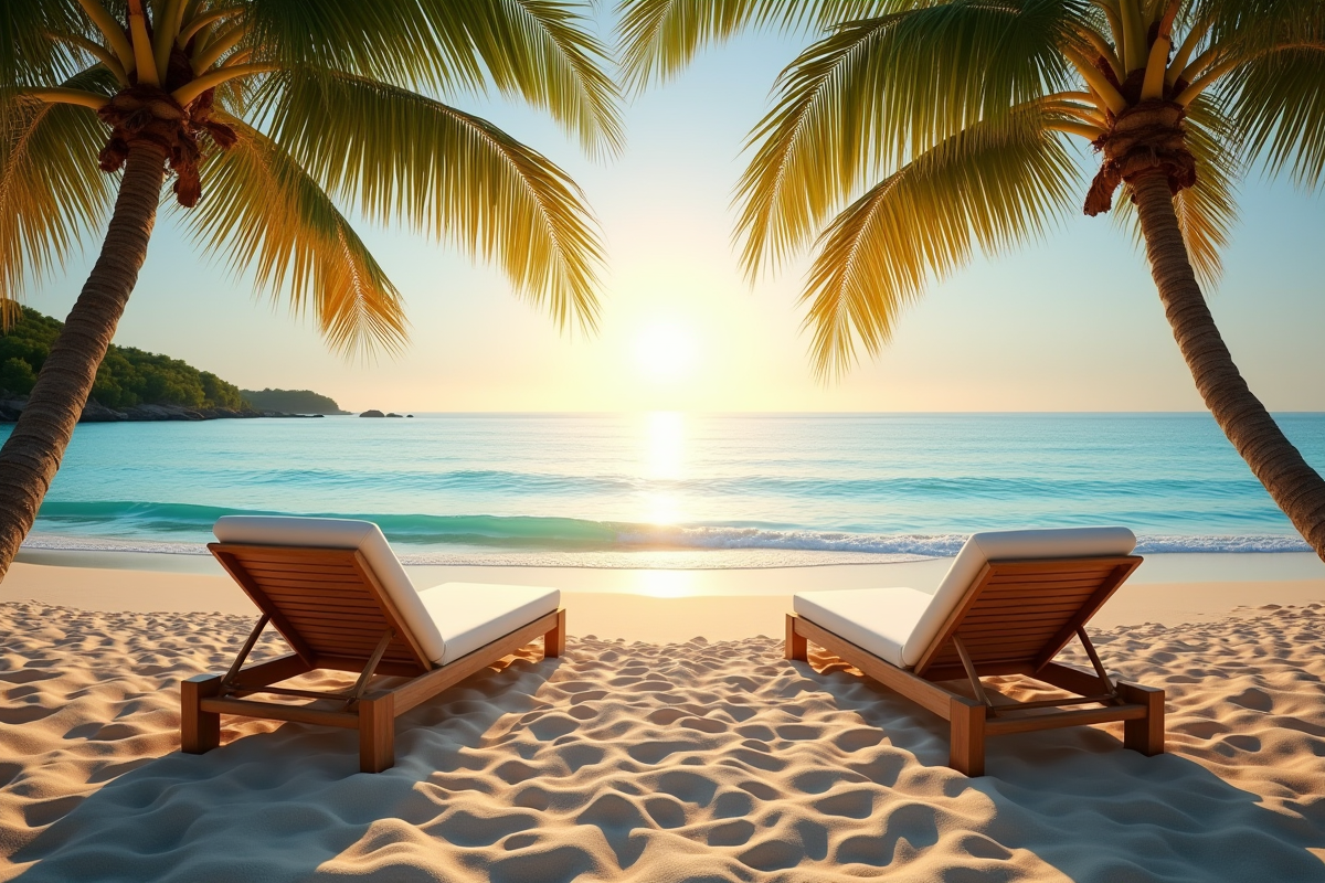 Plage tropicale au lever du soleil avec chaises et palmiers