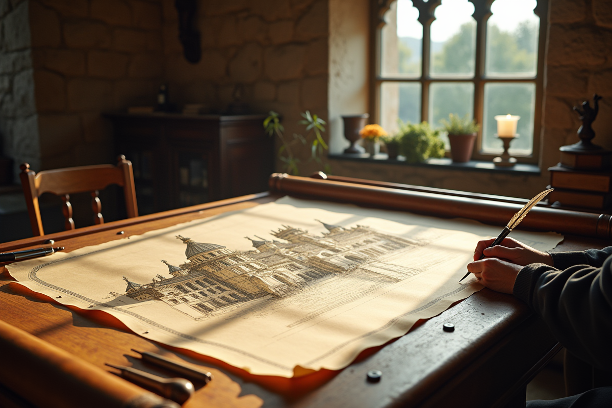 Dessinateur ancien travaillant sur un plan dans un atelier