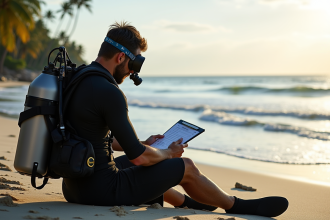 Plongeur sur la plage vérifiant sa checklist de plongée