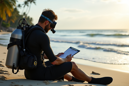 Plongeur sur la plage vérifiant sa checklist de plongée