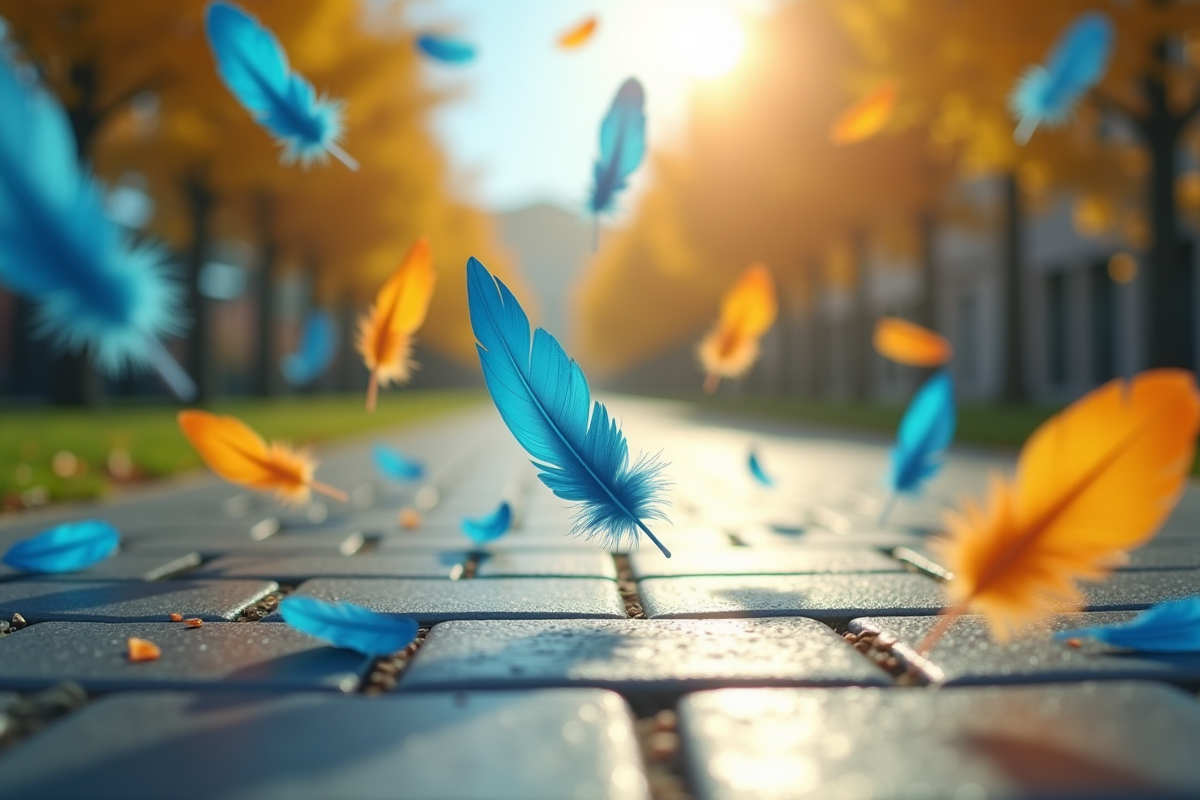 Plumes colorées tombant sur un pavé brillant en plein jour