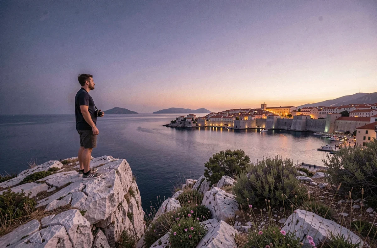 Voyageur solo contemplant Dubrovnik illuminée depuis un promontoire rocheux au crépuscule