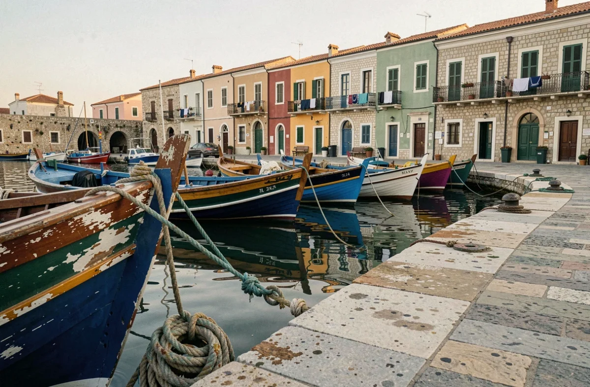 Port crétois traditionnel à l'aube avec des bateaux de pêche colorés et des façades vénitiennes
