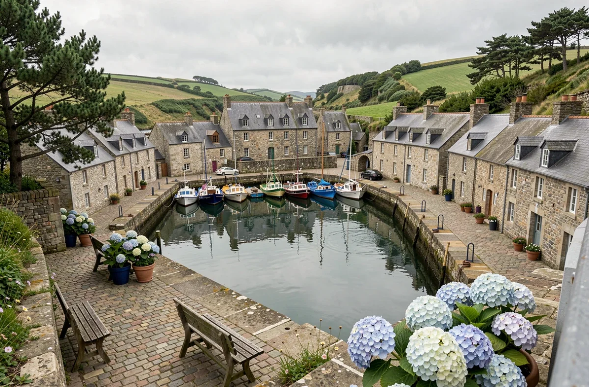 Vue sur le port de Perros-Guirec avec ses maisons bretonnes en pierre et ses bateaux colorés reflétés dans l'eau calme du havre