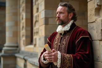 Homme en costume renaissance devant le château de Chaumont