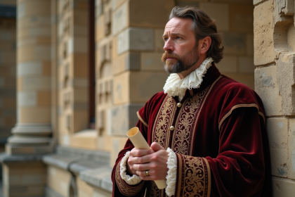 Homme en costume renaissance devant le château de Chaumont