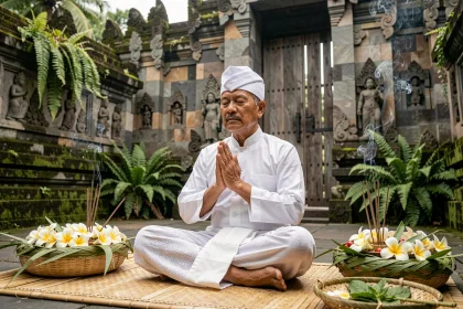 Prêtre hindou balinais en prière dans un temple traditionnel de Bali entouré d'offrandes florales et d'encens