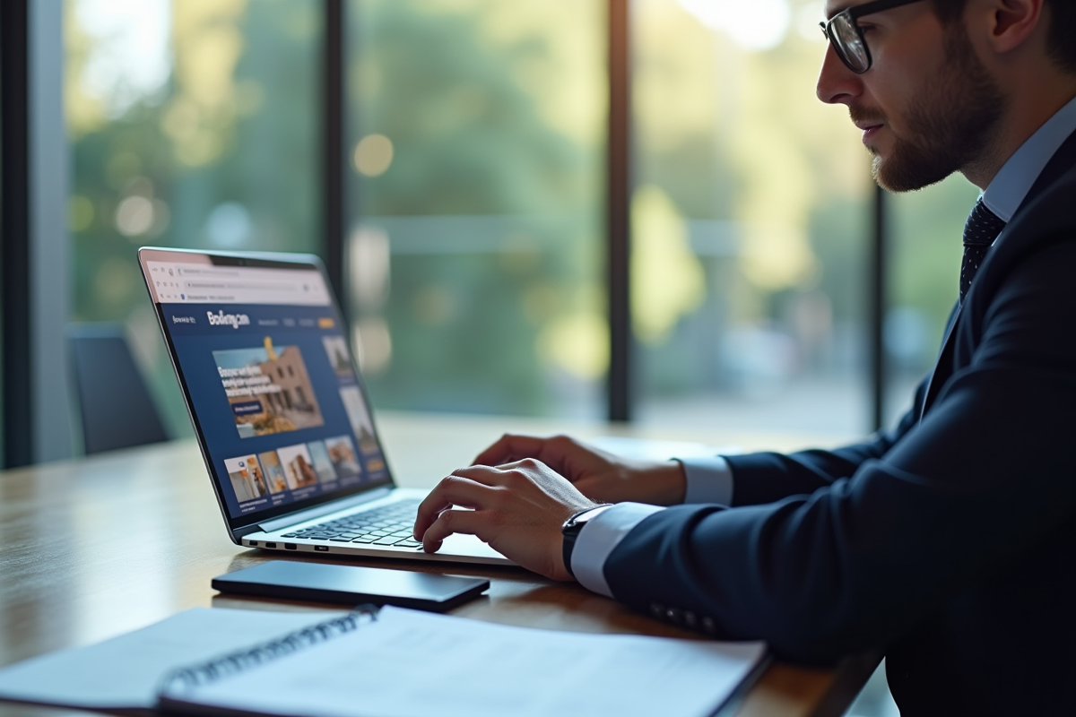 Professionnel en bureau analysant un site Booking com