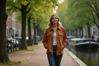 Femme se promenant sur un chemin de halage bordé d'arbres le long d'un canal d'Amsterdam en automne
