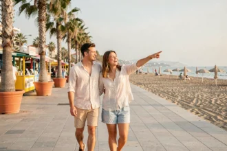 Couple en vacances se promenant sur le front de mer de Salou avec les palmiers et les bars de plage en arrière-plan