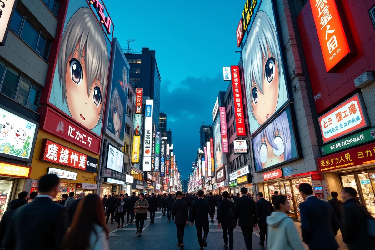 Vue grand angle du quartier geek d'Akihabara à Tokyo au crépuscule, avec ses immenses panneaux d'anime et ses cosplayers dans la rue