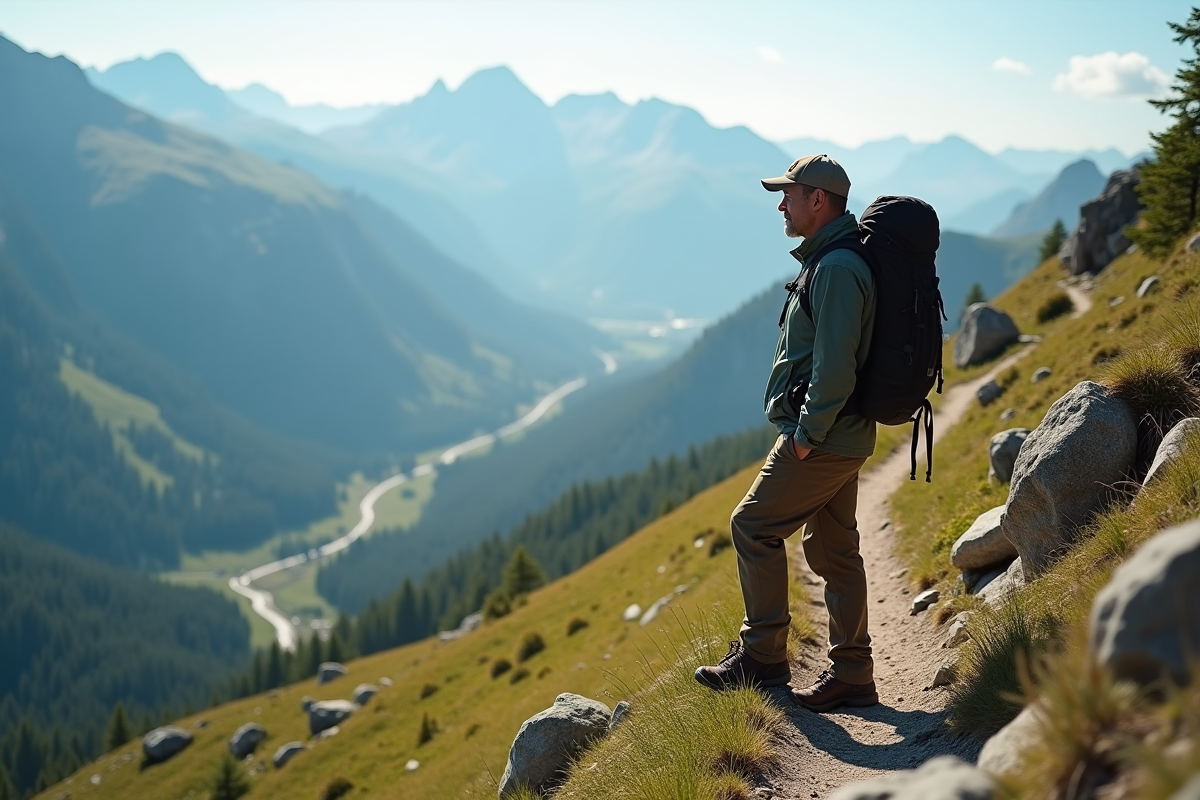Homme randonneur regardant un paysage alpin