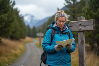 Femme en veste bleue consulte une carte dans la nature