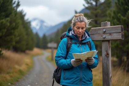 Femme en veste bleue consulte une carte dans la nature