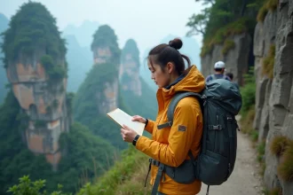 Jeune femme en randonnée à Zhangjiajie vérifiant une carte